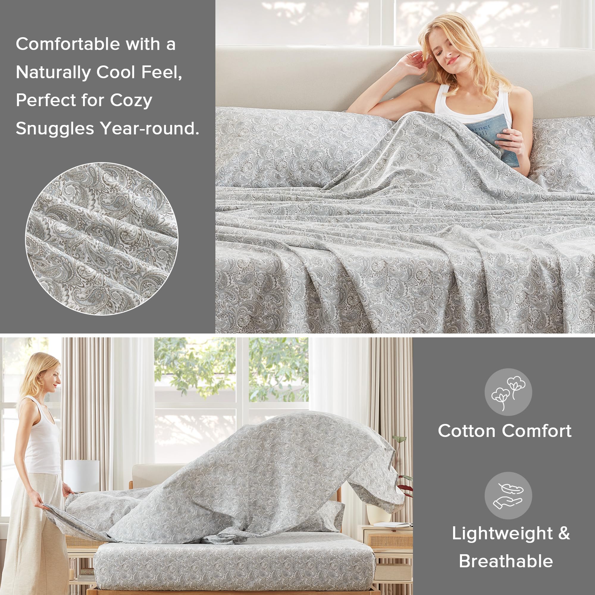 Comfort Spaces gros plan sur la texture percale montrant respirabilité et fraîcheur
