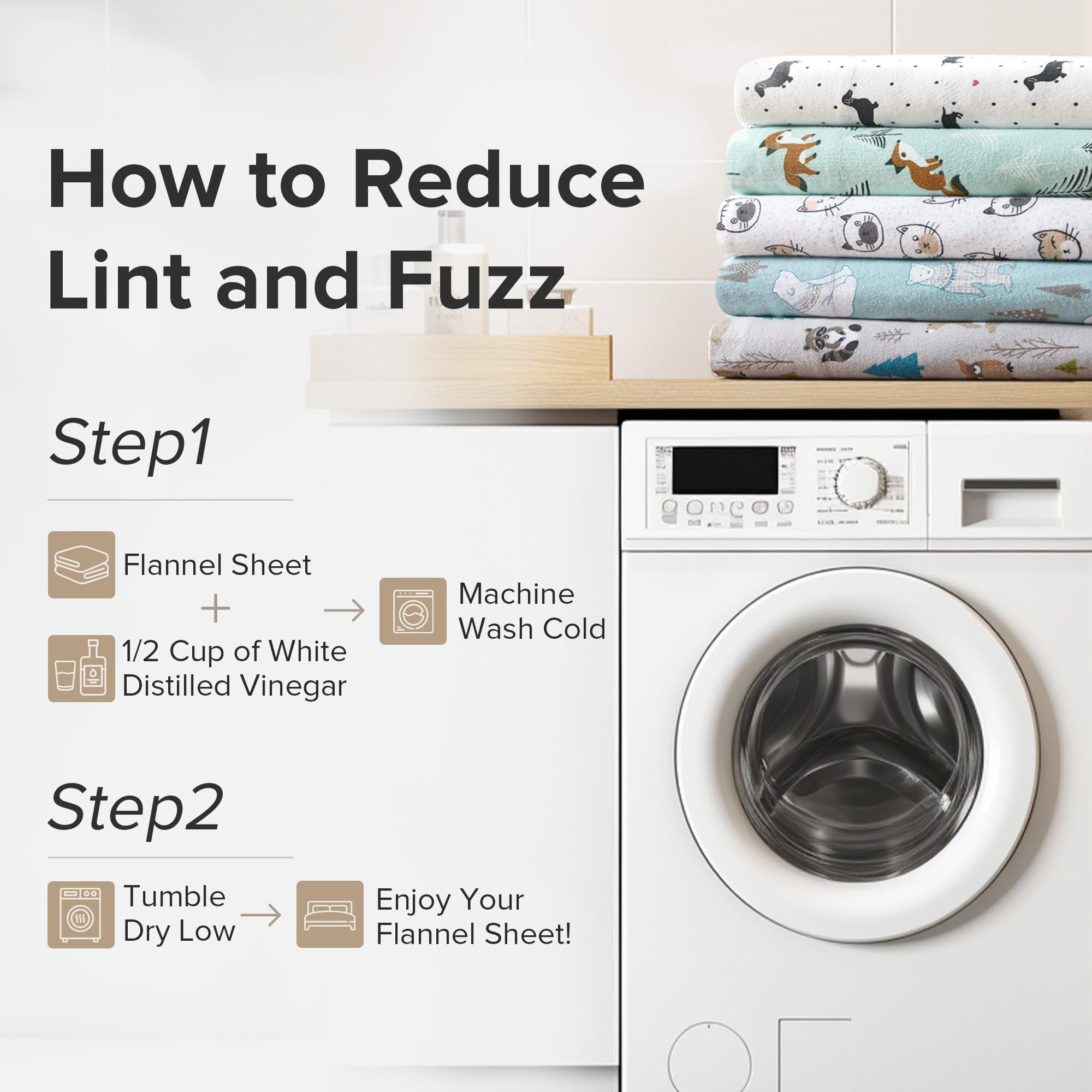 Comfort Spaces étiquette lavage montrant conseils d'entretien et durabilité