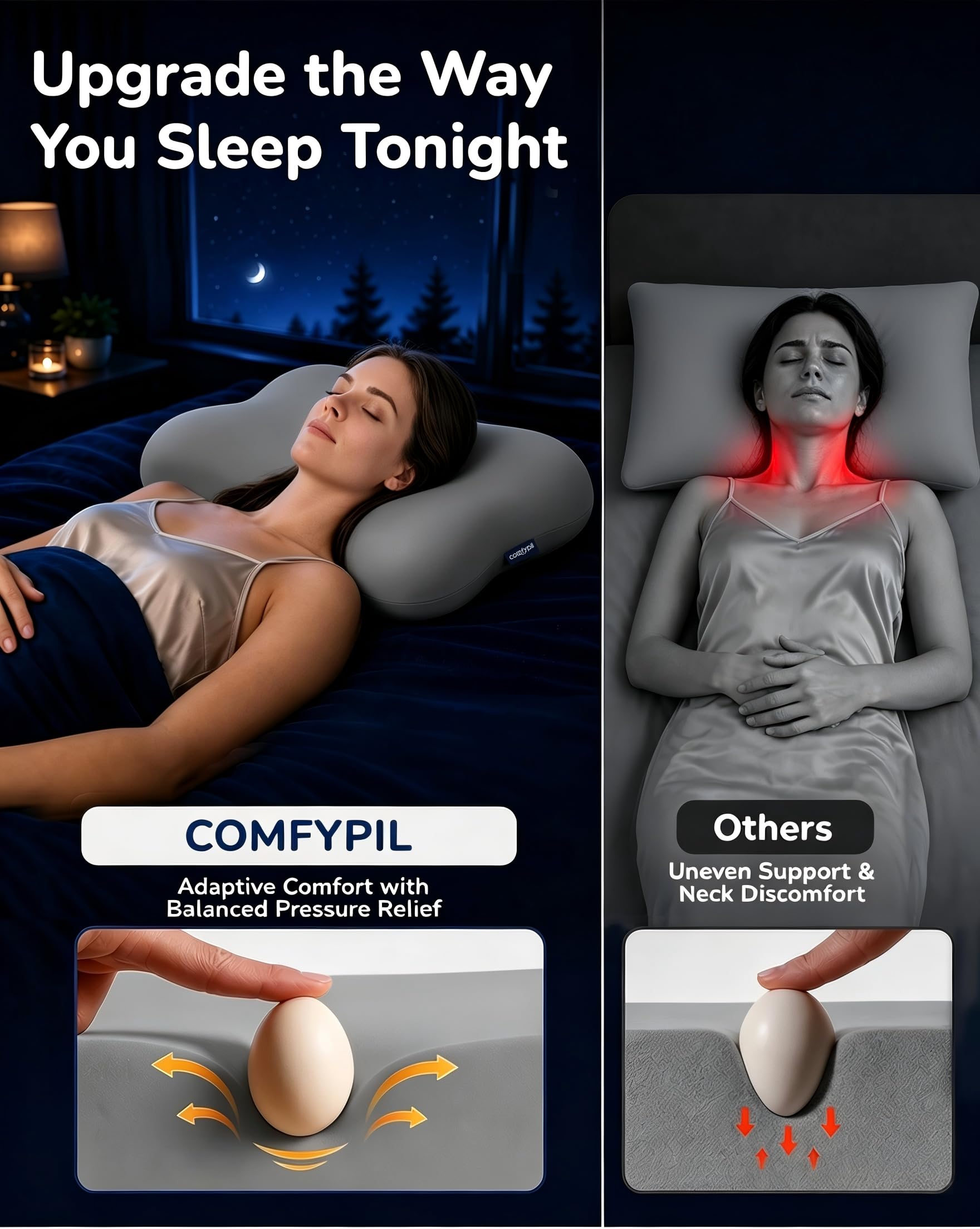 COMFYPIL dormeur sur le côté démontrant alignement tête‑cou pour confort nuit