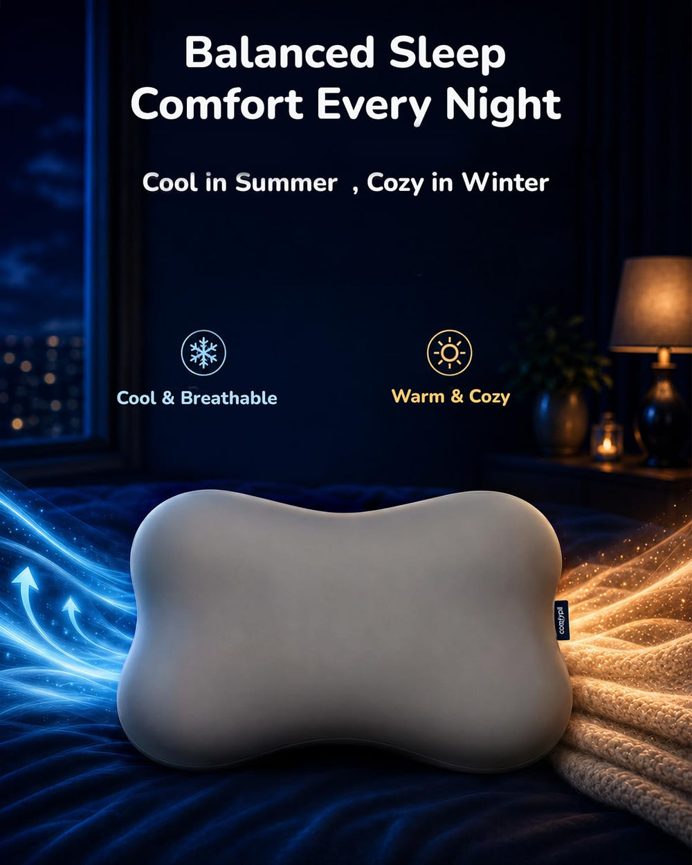 COMFYPIL oreiller posé sur lit stylé illustrant confort et atmosphère apaisante