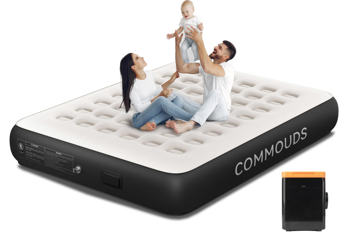 COMMOUDS matelas Queen en emballage montrant prêt à l'emploi et bénéfice praticité