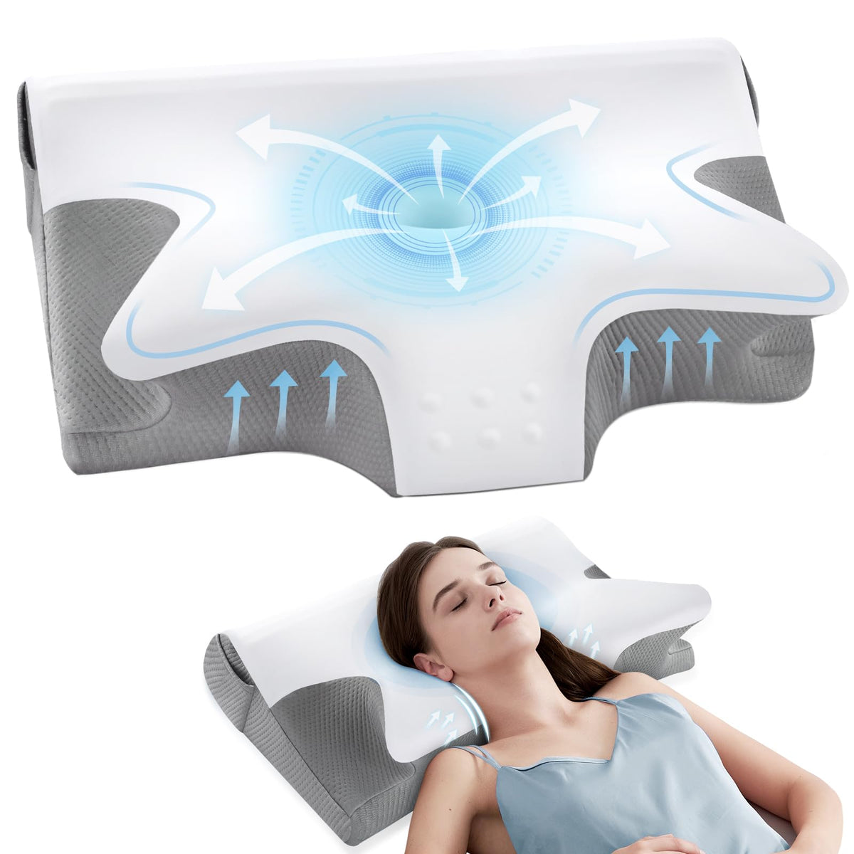 ComRola oreiller vue frontale montrant design ergonomique et soutien