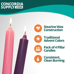 Concordia Supply gros plan sur cierge violet montrant texture et brûlage régulier
