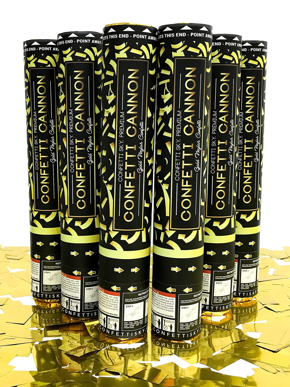 Confetti Sky face du coffret personnalisé montrant les six canons, emballage pratique