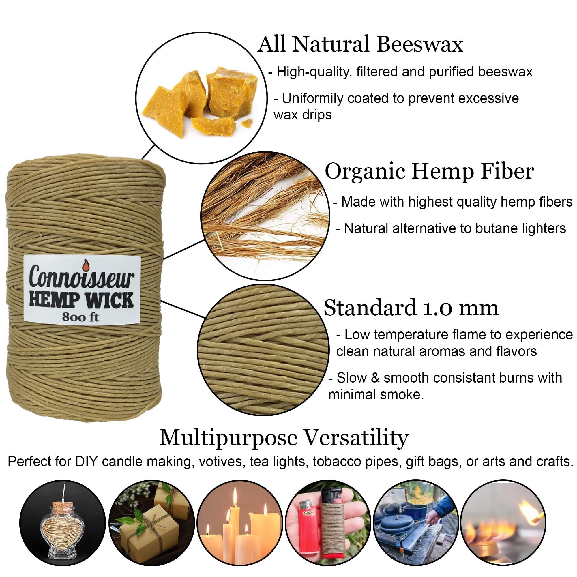 Connoisseur's Hemp Wick gros plan sur la mèche cirée à la cire d'abeille pour combustion lente
