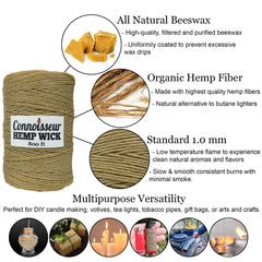 Connoisseur's Hemp Wick gros plan sur la mèche cirée à la cire d'abeille pour combustion lente
