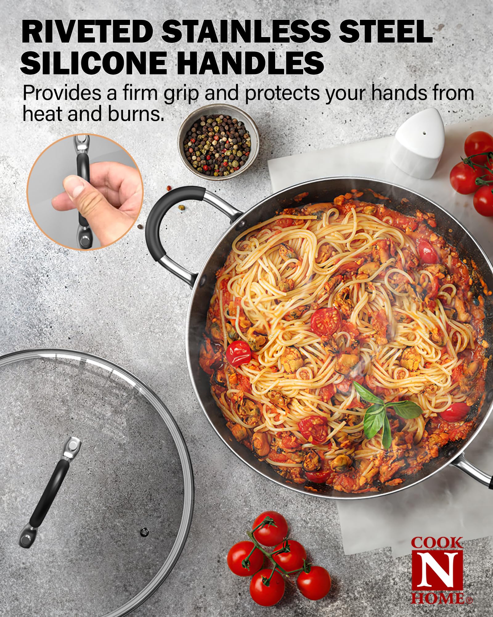 Cook N Home poêles 8" et 9,5" montrant tailles pour portions