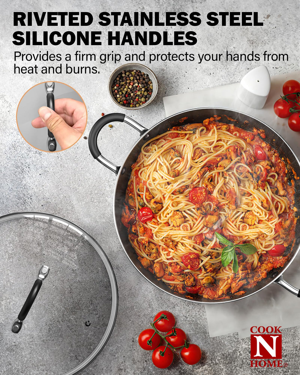 Cook N Home poêles 8" et 9,5" montrant tailles pour portions