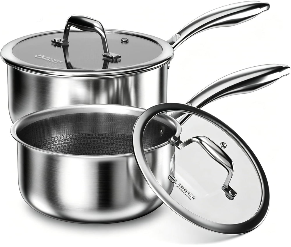 COOKER KING vue face avant du set de deux casseroles, finition élégante et fonctionnelle
