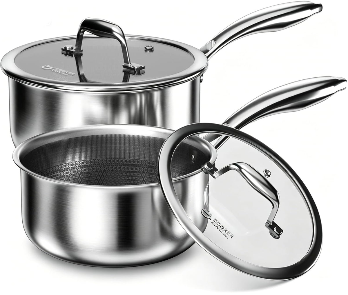 COOKER KING vue face avant du set de deux casseroles, finition élégante et fonctionnelle