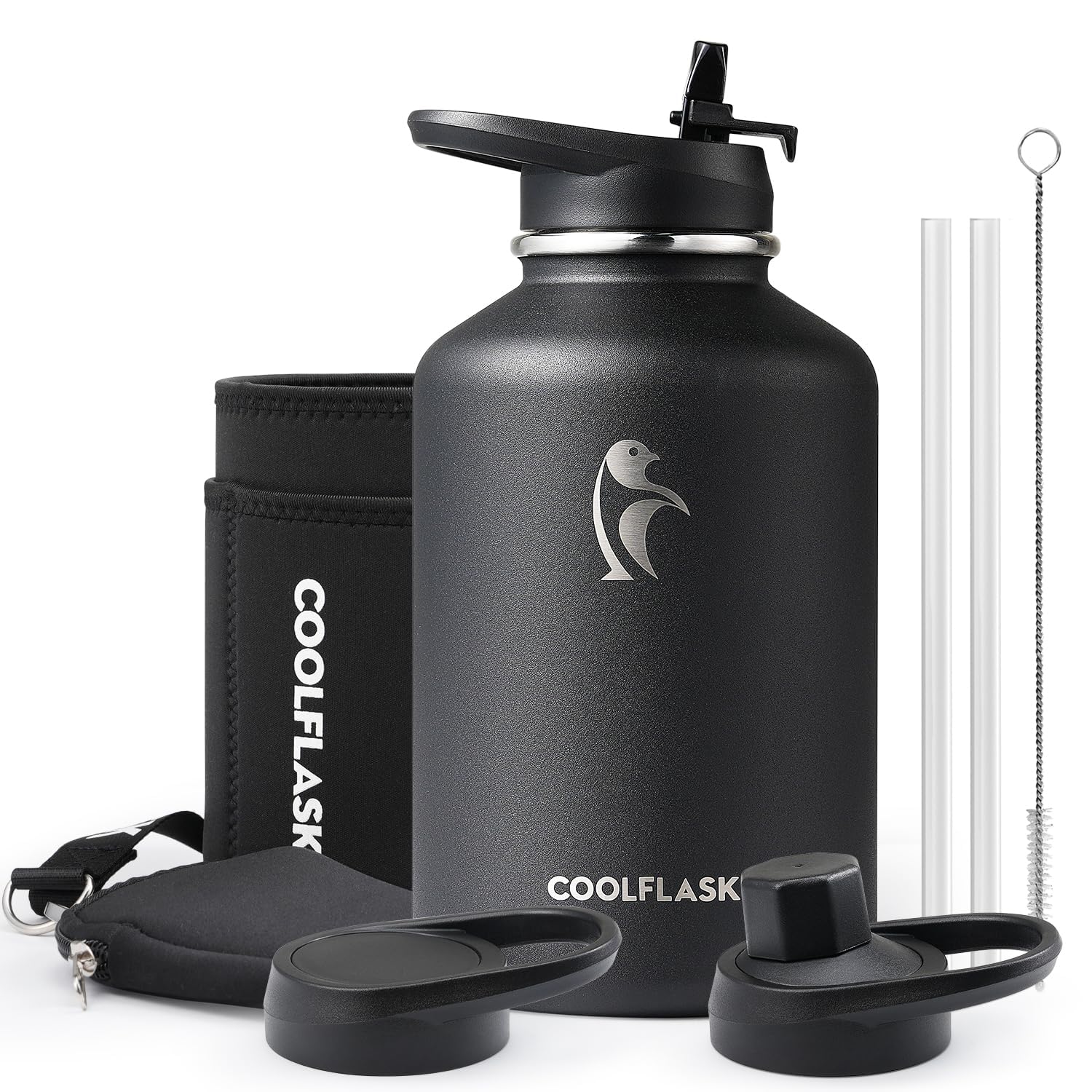 Coolflask 64 oz face avant montrant design élégant et capacité