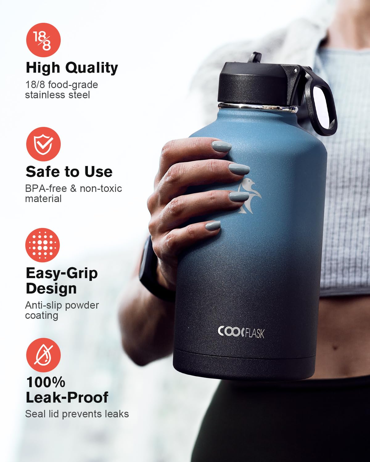 Coolflask en cours d'utilisation avec bouchon paille pour boire facilement en mouvement