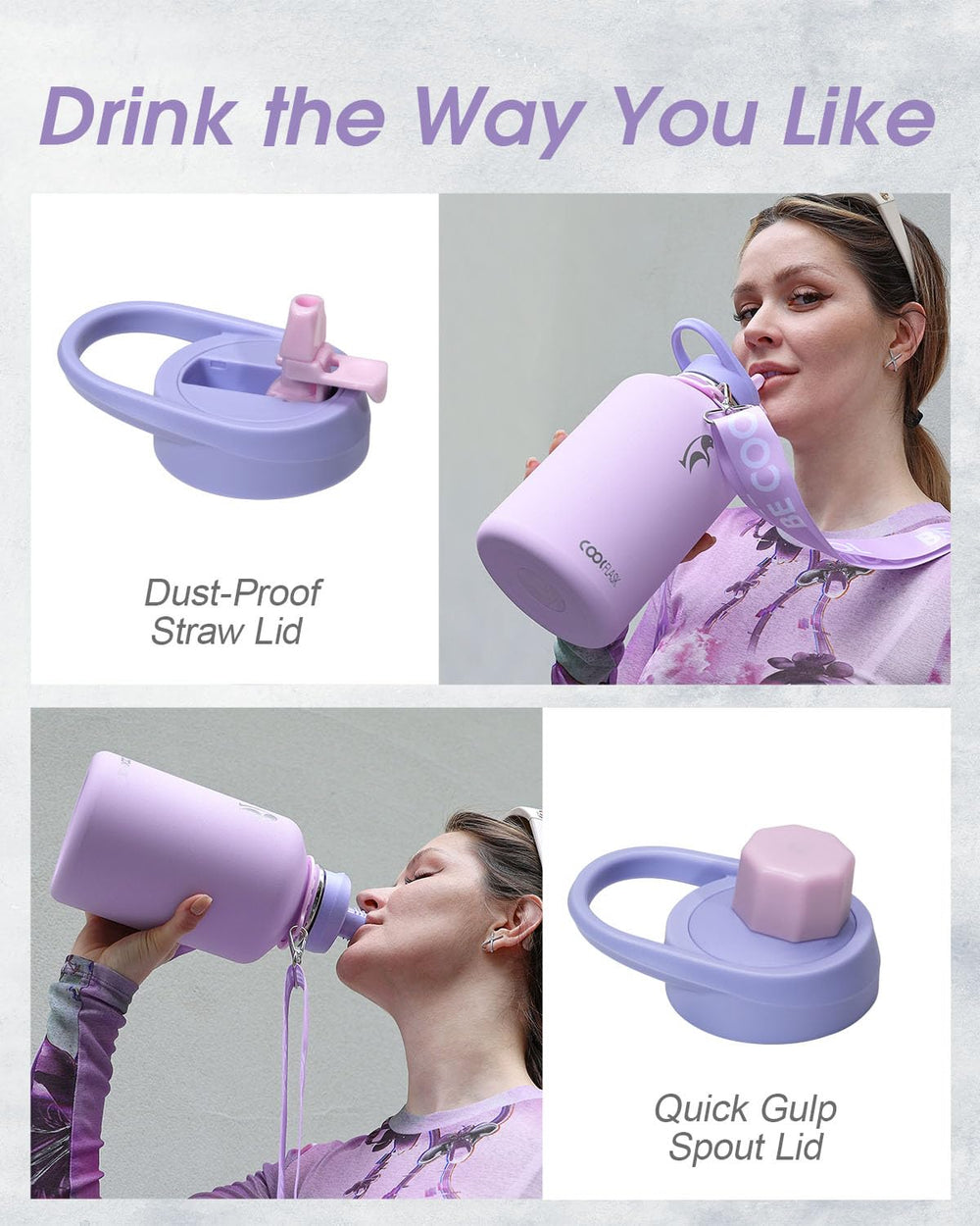 Coolflask en usage randonnée portée en bandoulière, garde l'eau froide pendant les sorties