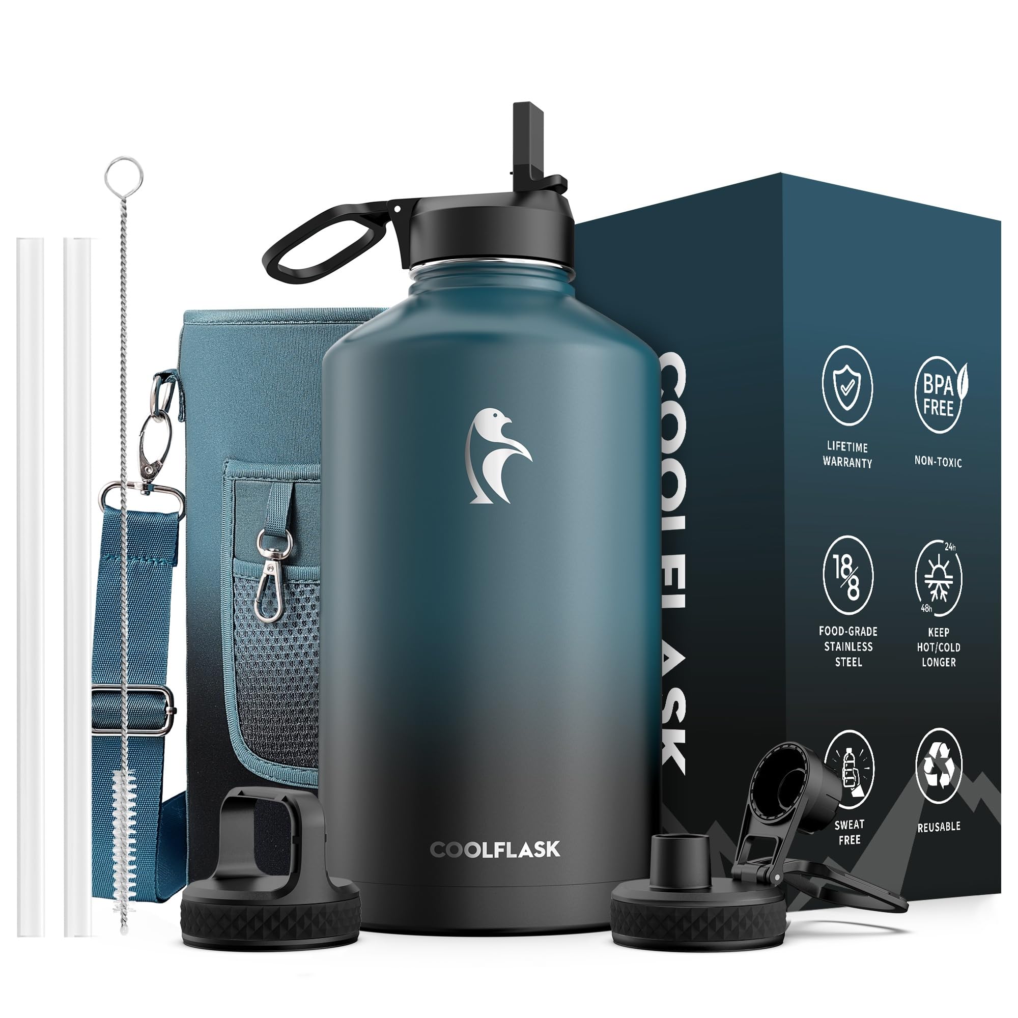 Coolflask vue avant avec bouchon, grande capacité pratique