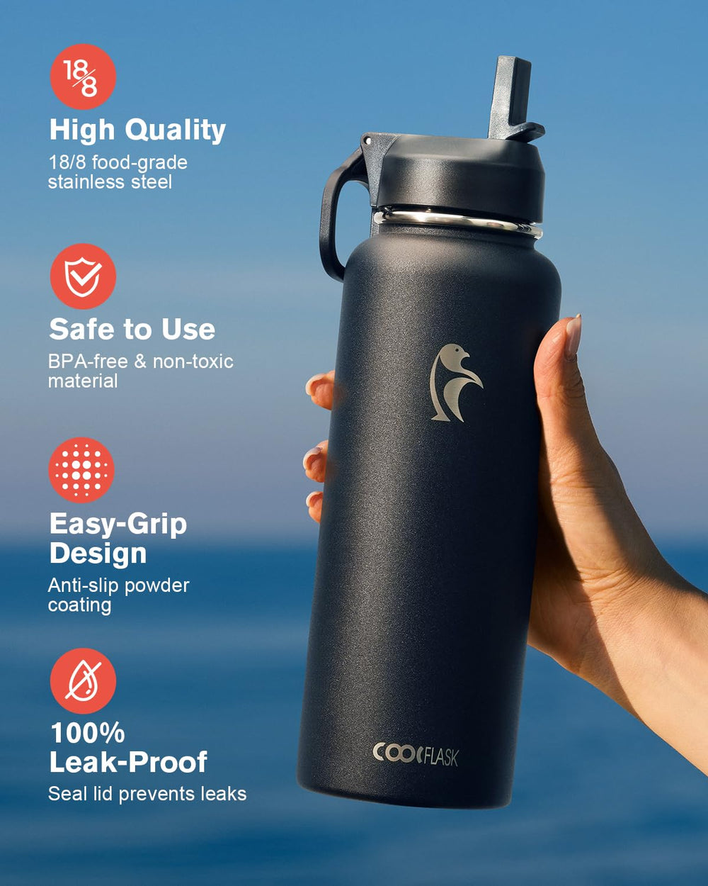 Coolflask gros plan du bouchon paille montrant ouverture pratique et hydratation facile