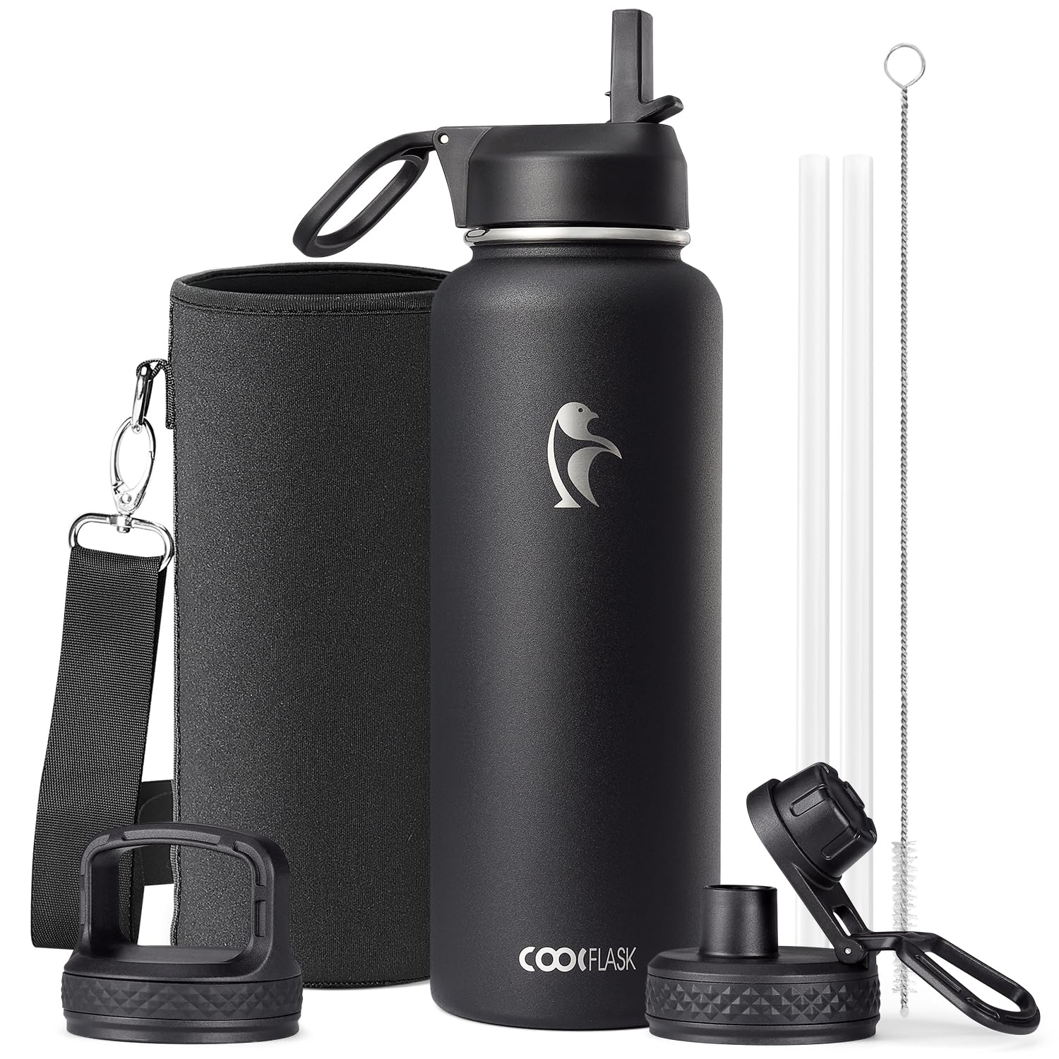 Coolflask vue face bouteille 40 oz montrant design robuste et prise en main confortable