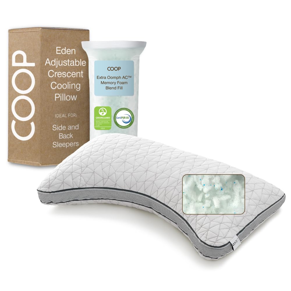 Coop Home Goods vue avant de l'oreiller Eden Crescent, soutien ajustable confortable
