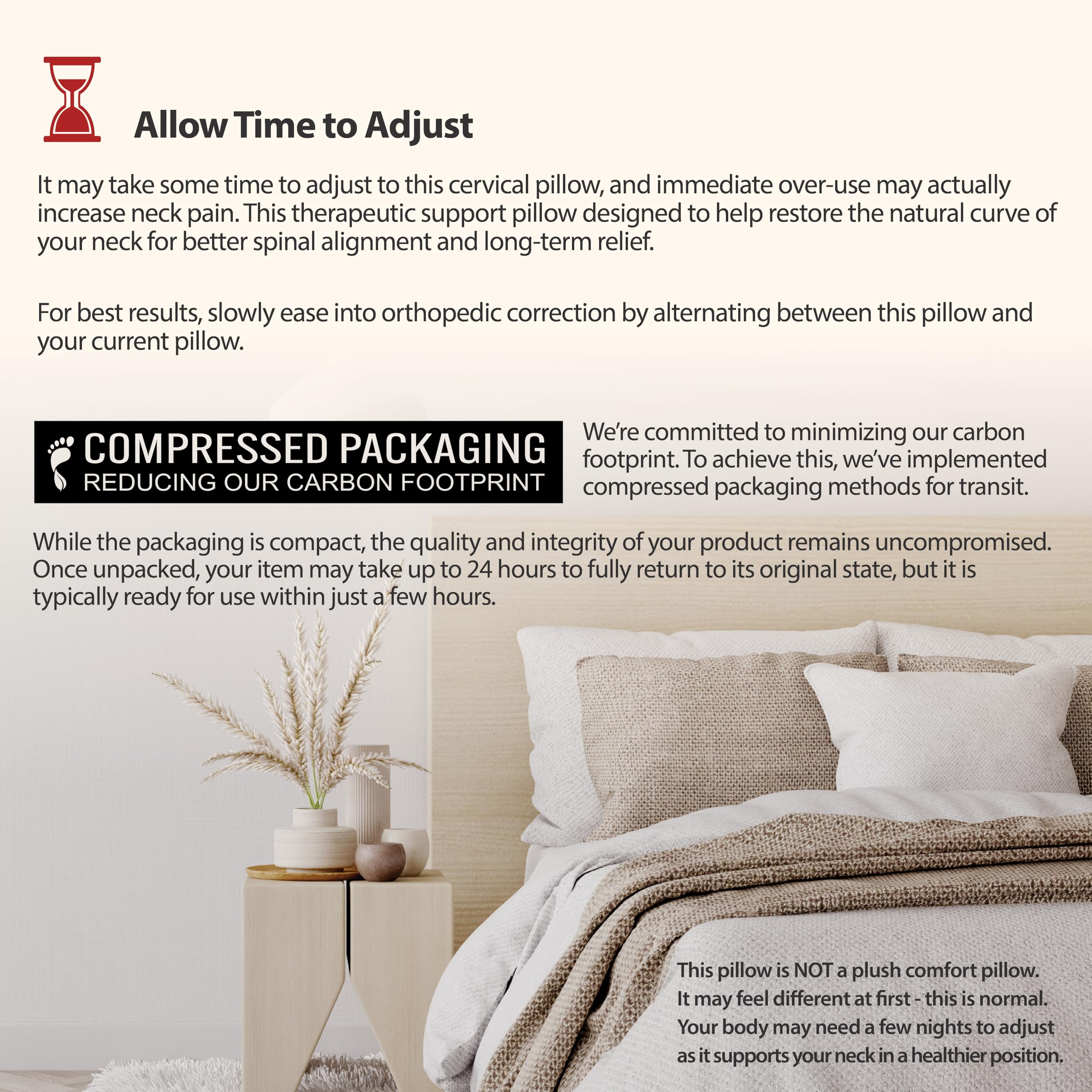Core Products oreiller en contexte chambre, lifestyle apaisant et ergonomique