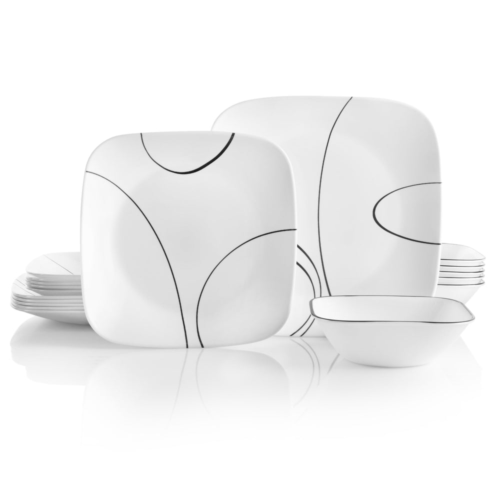 Corelle face avant du service 18 pièces montrant design moderne et contraste