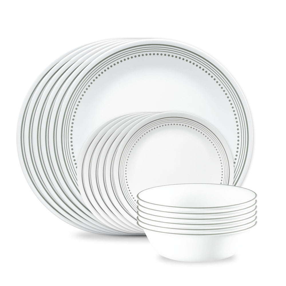 Corelle Mystic Gray ensemble devant montrant une table élégante et résistant aux éclats