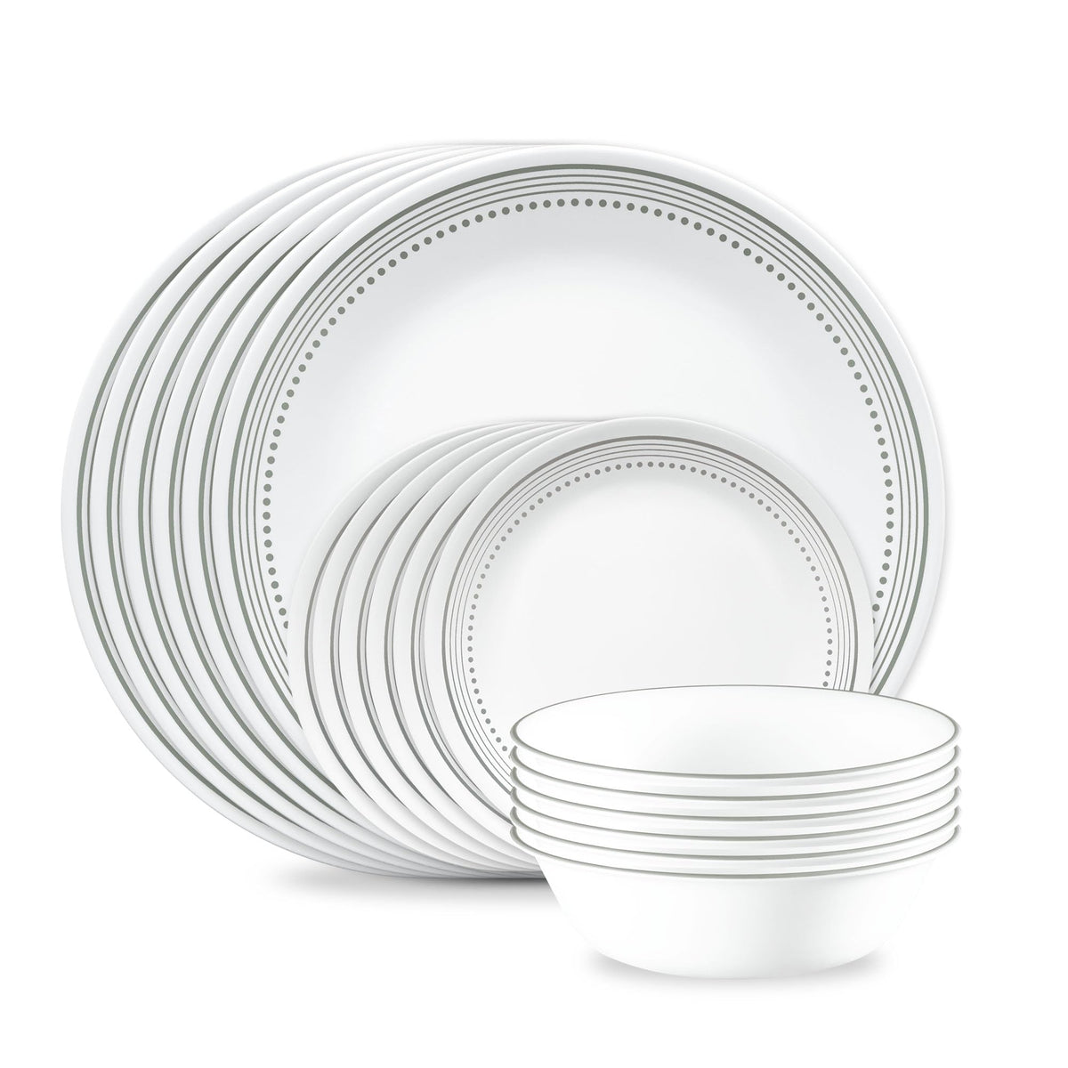 Corelle Mystic Gray ensemble devant montrant une table élégante et résistant aux éclats