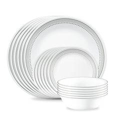 Corelle Mystic Gray ensemble devant montrant une table élégante et résistant aux éclats