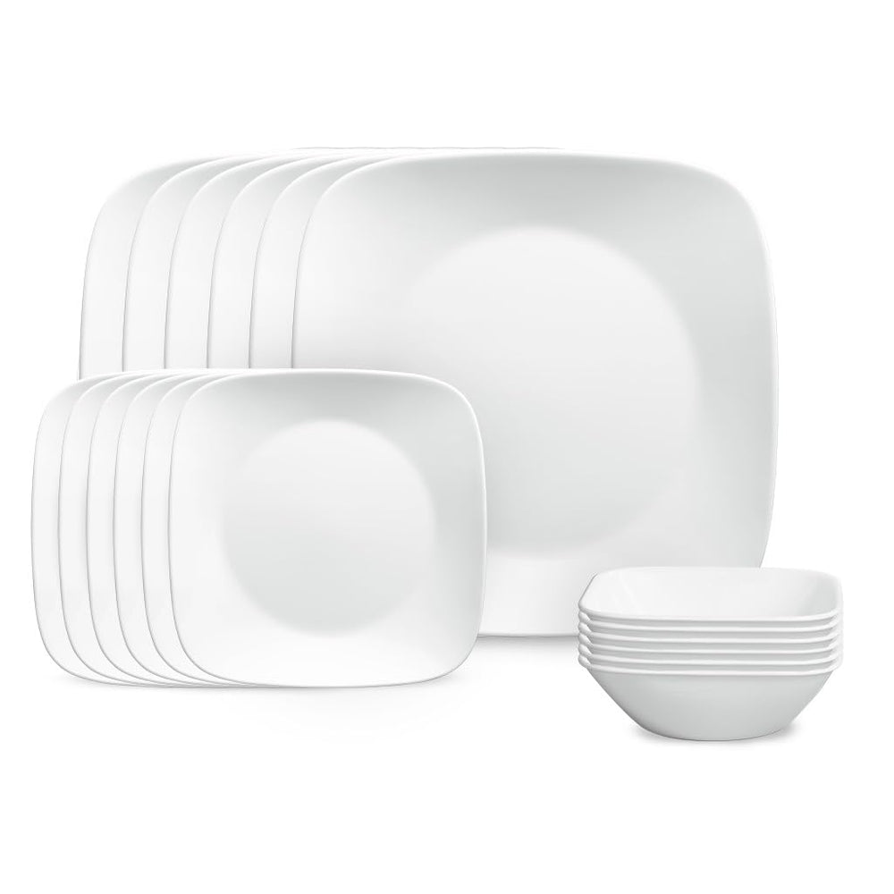 Corelle vue de face du service 18 pièces montrant assiettes et bols, durable et léger