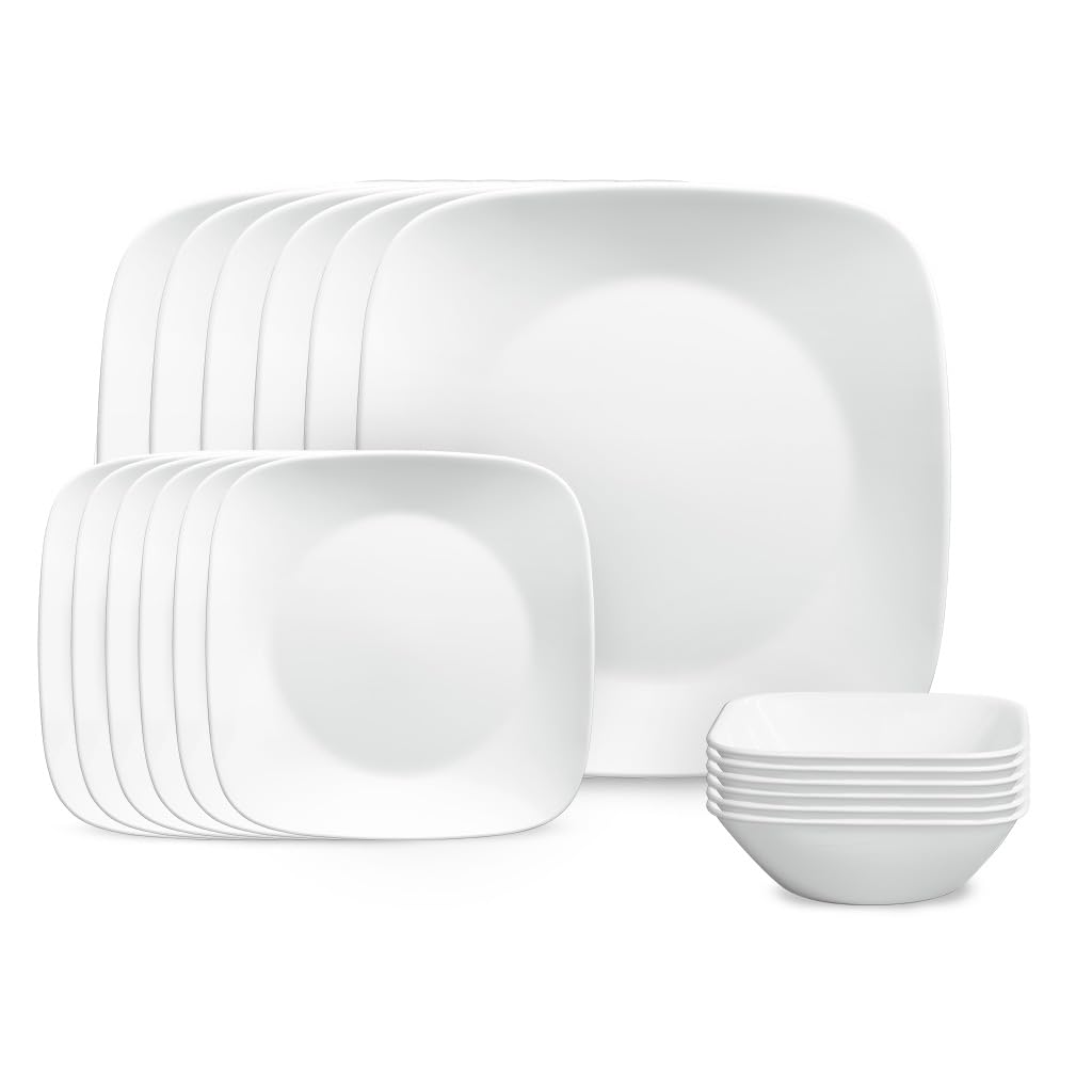 Corelle vue de face du service 18 pièces montrant assiettes et bols, durable et léger