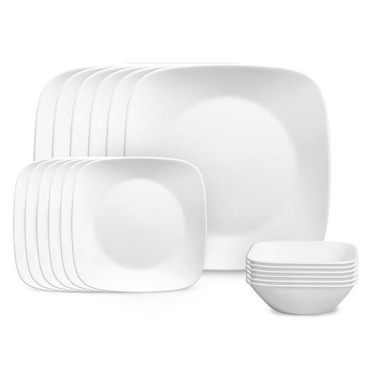 Corelle vue de face du service 18 pièces montrant assiettes et bols, durable et léger