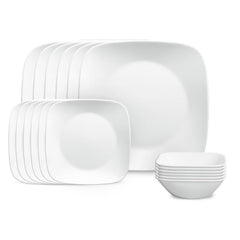 Corelle vue de face du service 18 pièces montrant assiettes et bols, durable et léger
