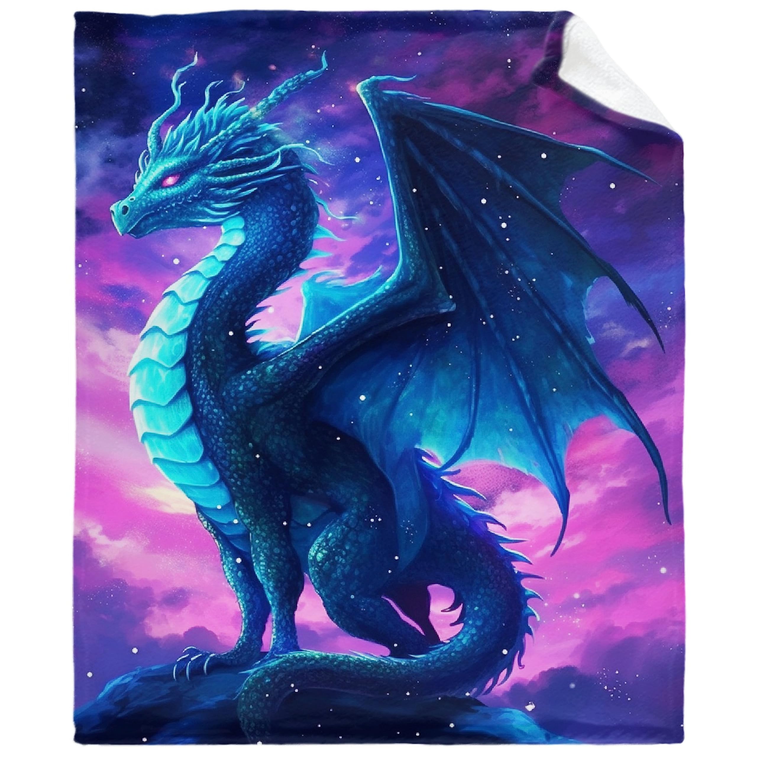 CORGI BLANKET face imprimée montrant dragons bleu-violet, apporte ambiance décorative