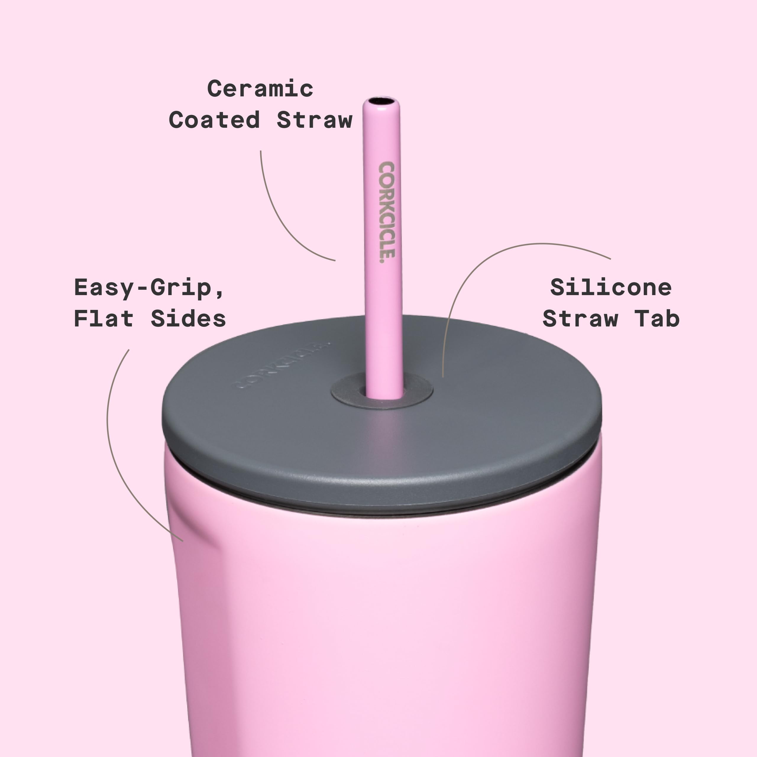Corkcicle Cold Cup zoom sur la texture et la finition Sun-Soaked Pink résistante