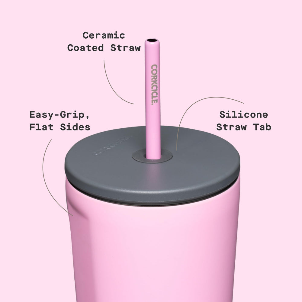 Corkcicle Cold Cup zoom sur la texture et la finition Sun-Soaked Pink résistante