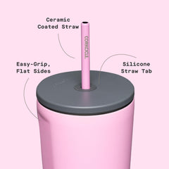 Corkcicle Cold Cup zoom sur la texture et la finition Sun-Soaked Pink résistante