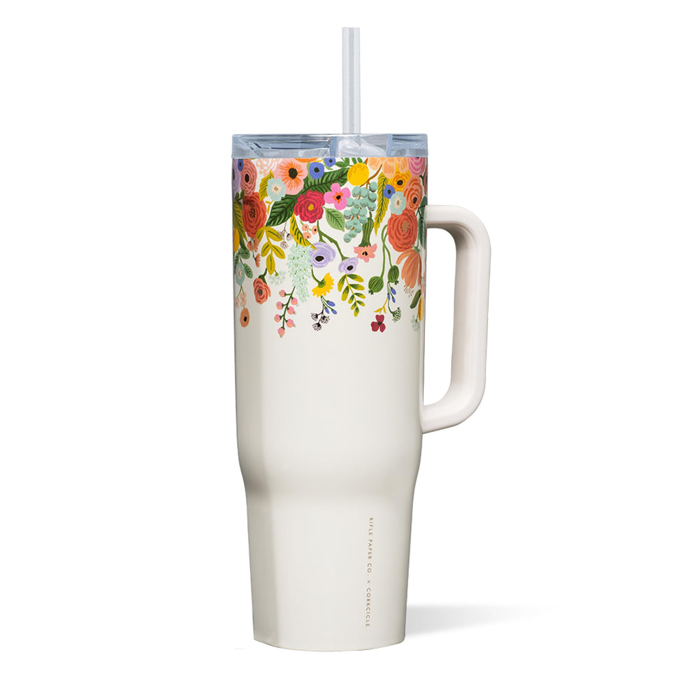 Corkcicle Cruiser vue avant montrant motif Garden Party Cream et capacité