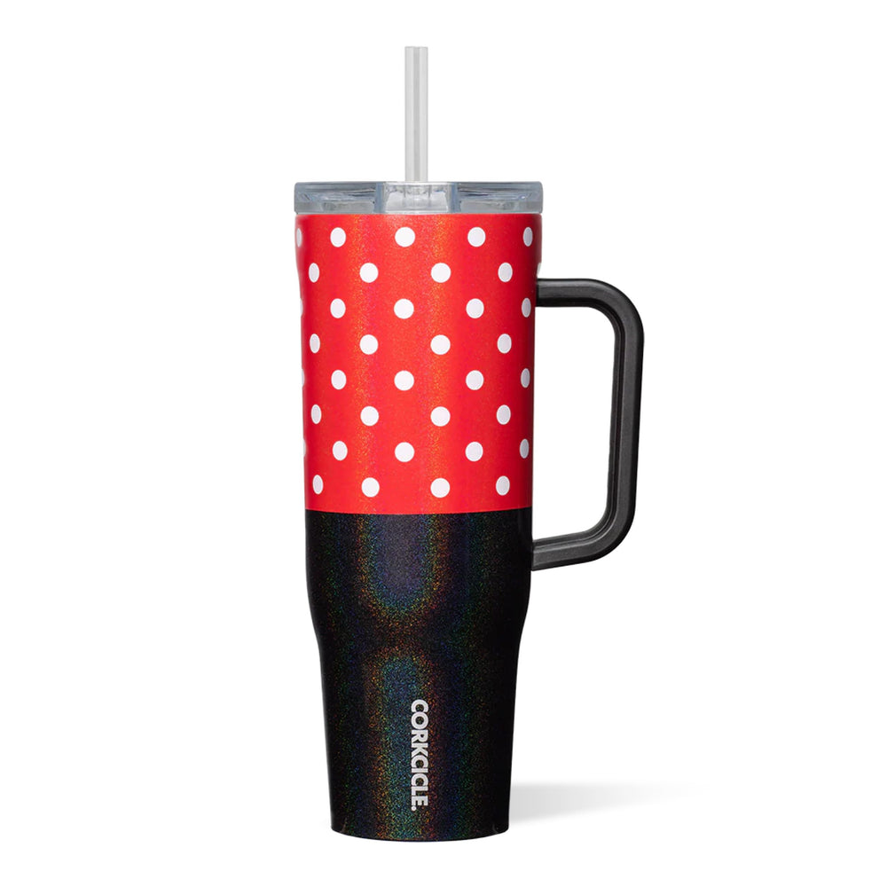 Corkcicle gobelet Minnie face avant affichant le motif rouge à pois et l’avantage décoratif
