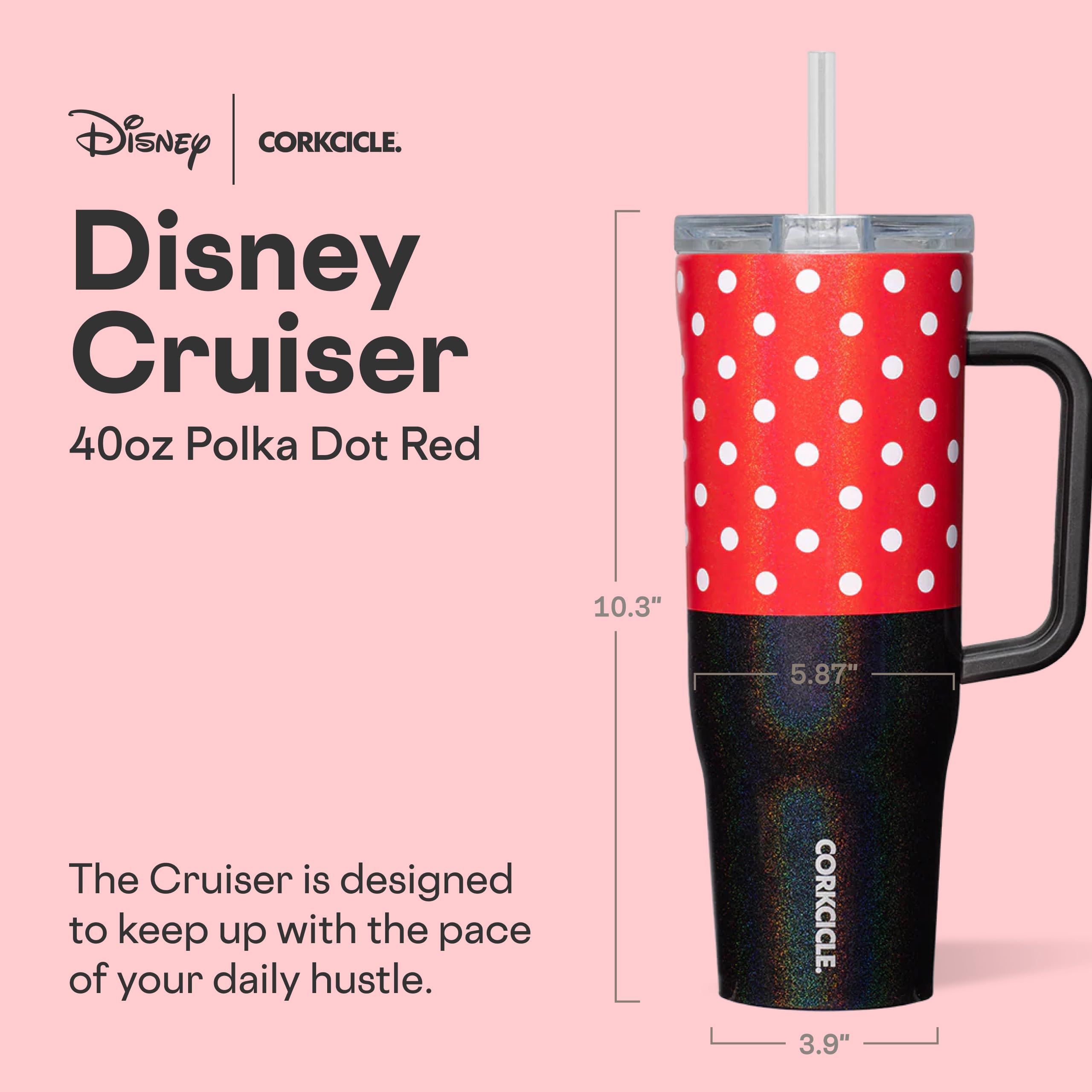 Corkcicle gobelet Minnie poignée ergonomique montrant confort de transport pour longs trajets