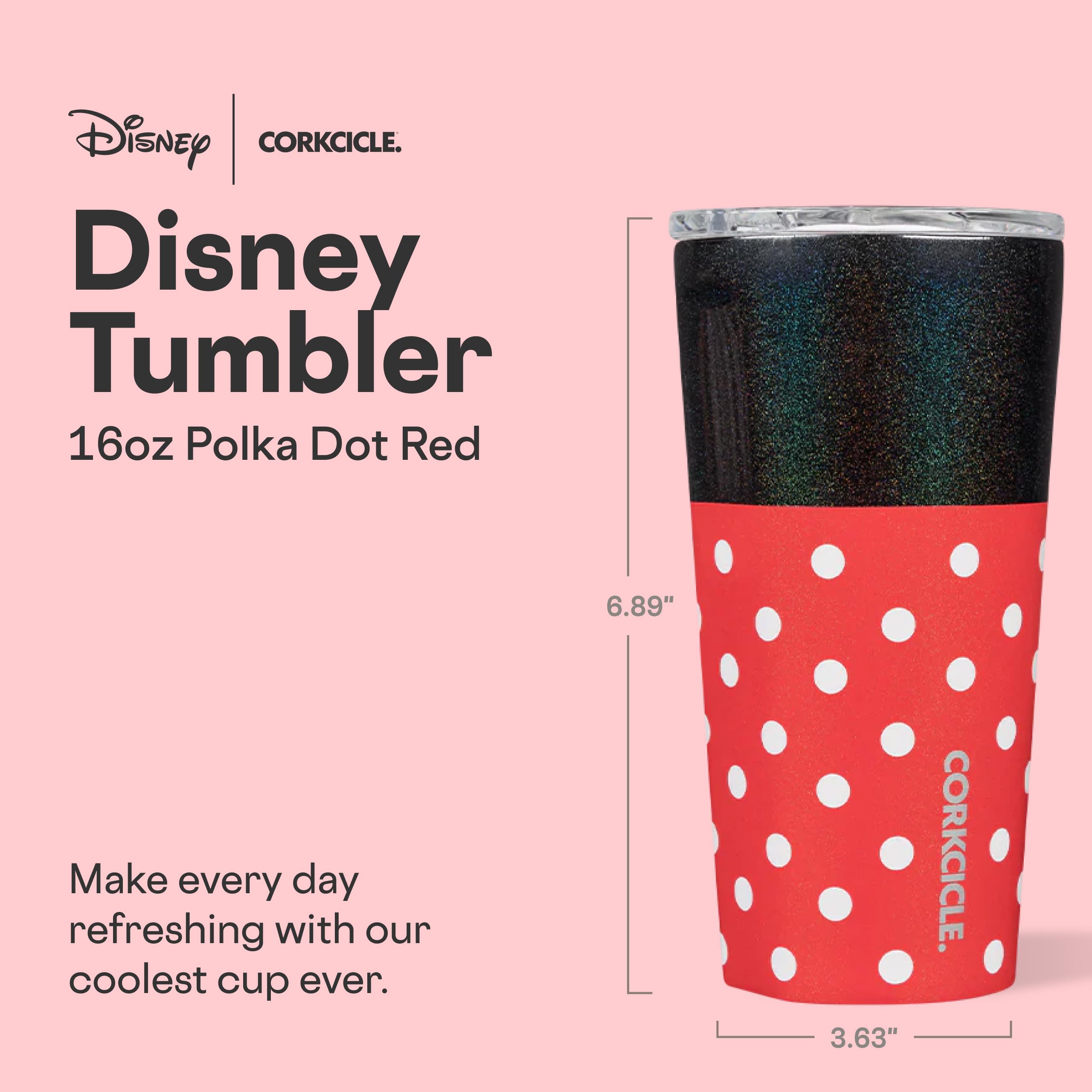 Corkcicle gros plan motif Minnie à pois montrant finition durable
