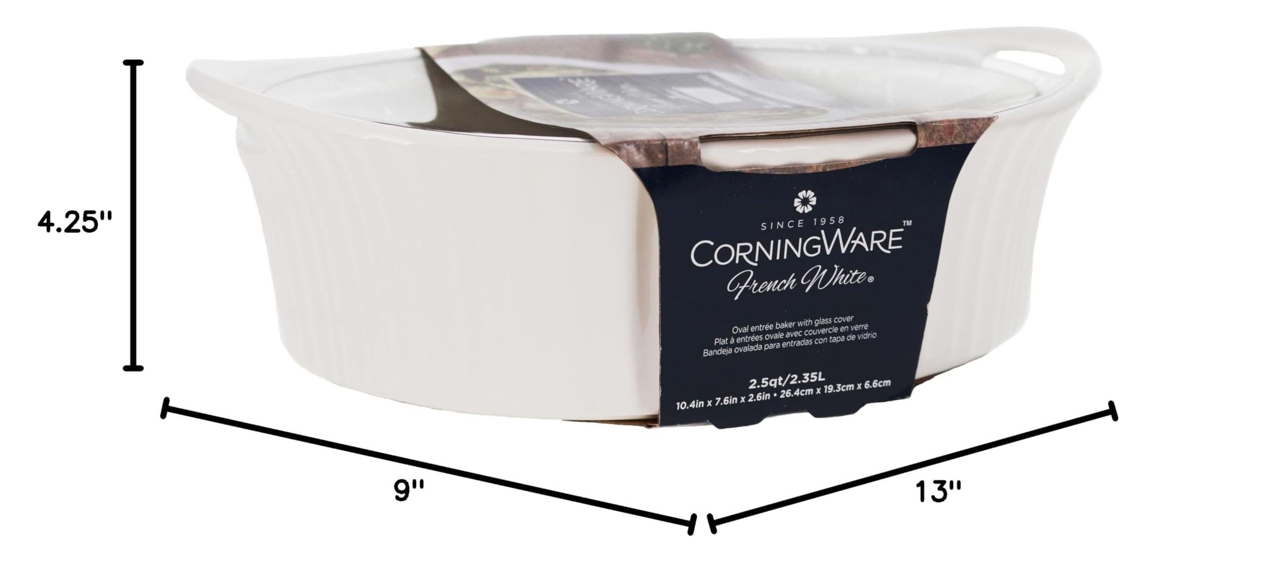 CorningWare comparaison taille montrant capacité 2,5 Qt et adaptation espace
