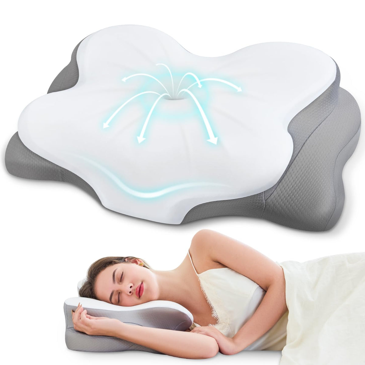 CosBed oreiller face avant montrant la forme ergonomique et soutien immédiat