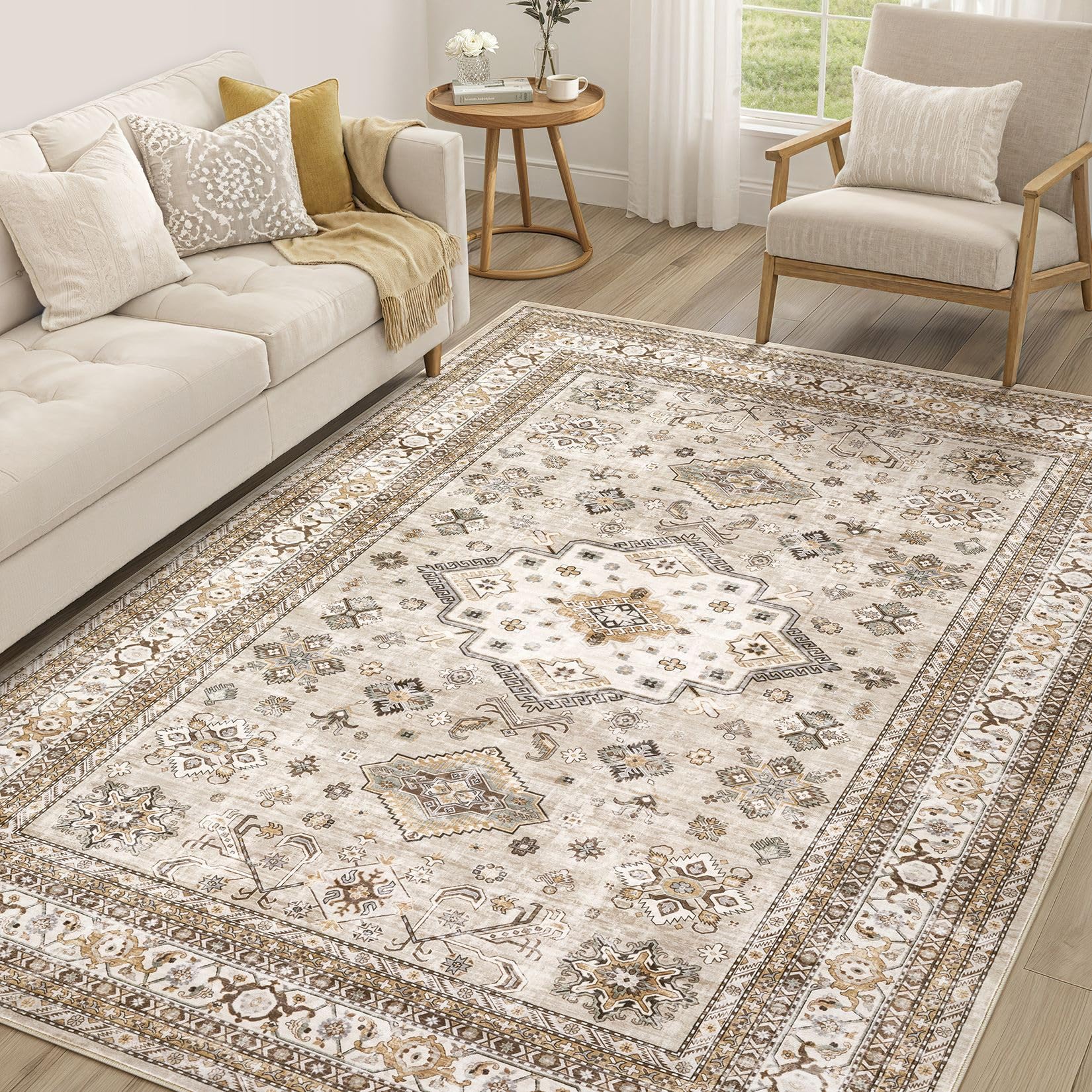 cotiled vue de face du tapis 6x9 beige montrant l'ensemble du motif et l'effet décoratif
