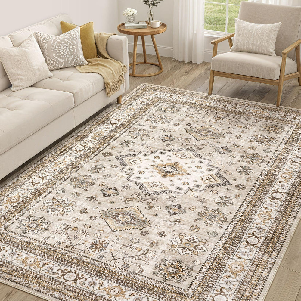 cotiled vue de face du tapis 6x9 beige montrant l'ensemble du motif et l'effet décoratif