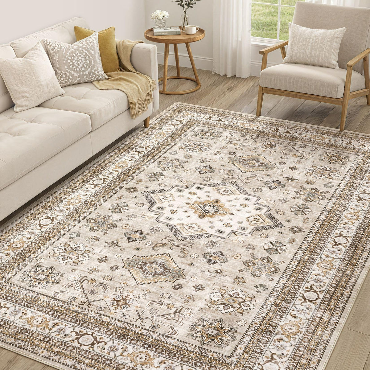 cotiled vue de face du tapis 6x9 beige montrant l'ensemble du motif et l'effet décoratif