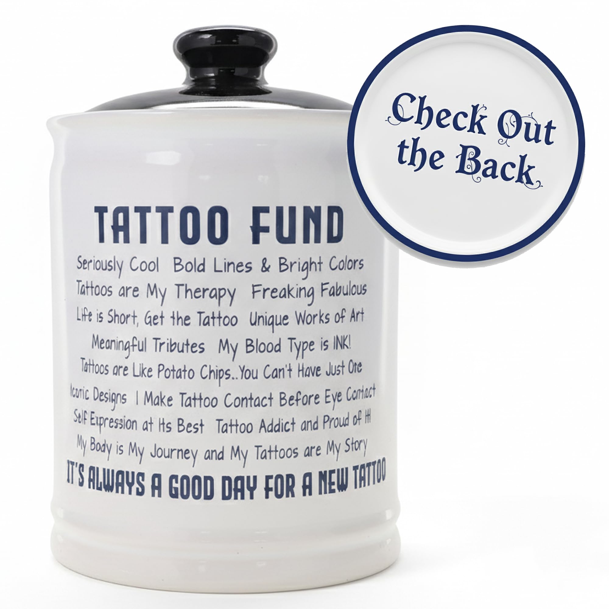 Cottage Creek gros plan de l'inscription bleu « Tattoo Fund » résistant pour motivation