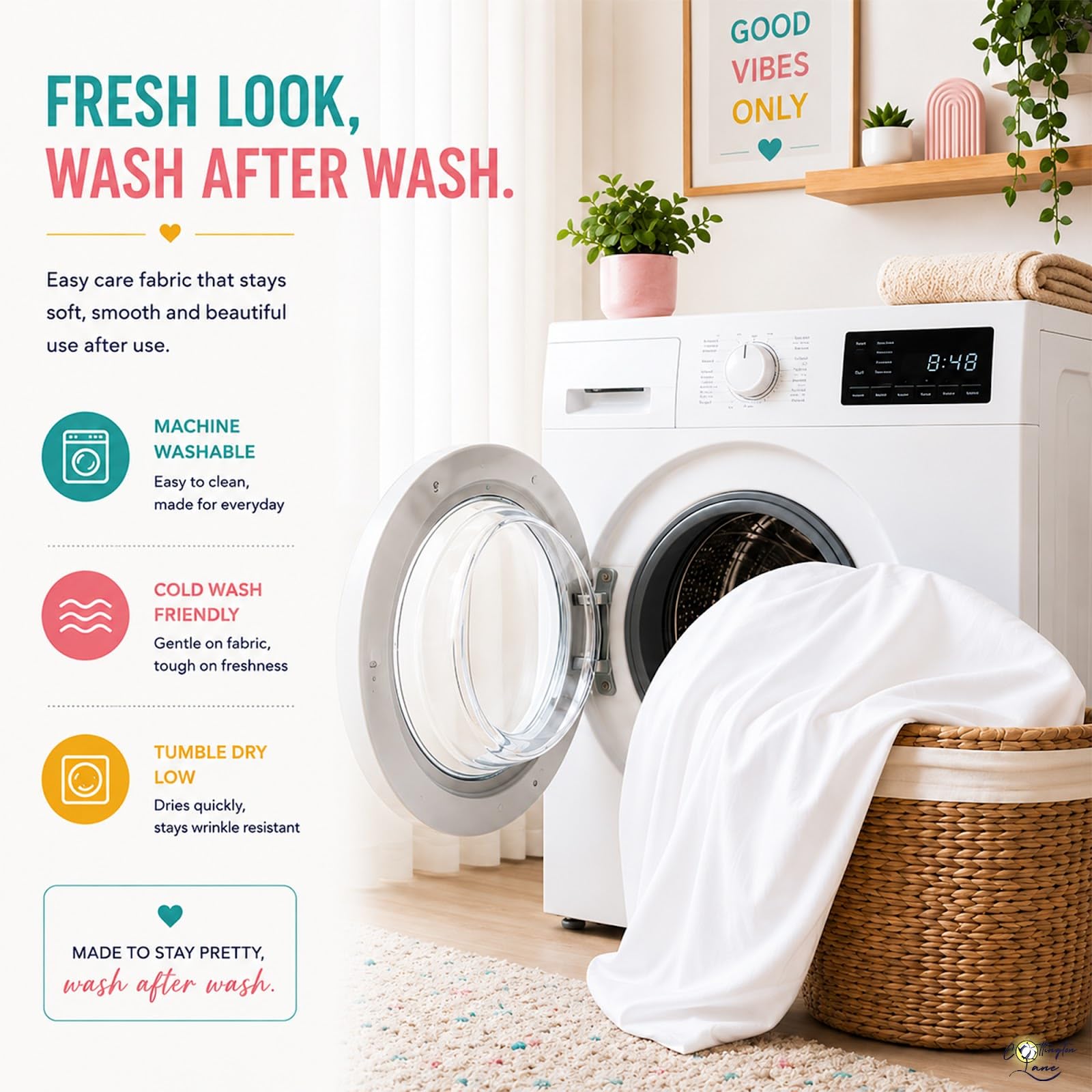 Cottington Lane étiquette entretien indiquant lavage simple et durable