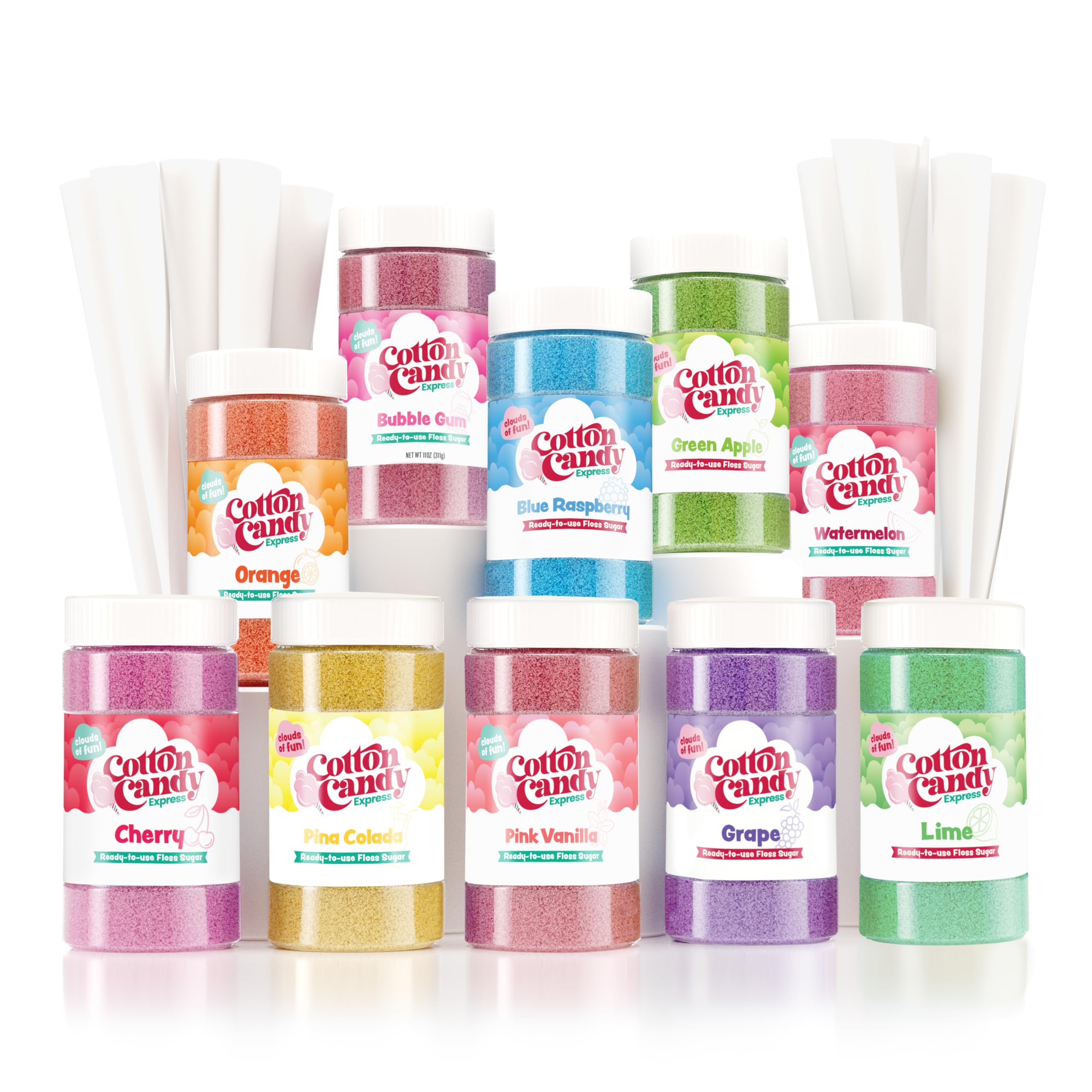 Cotton Candy Express vue avant du pack complet montrant pots et 100 cônes pour facilité