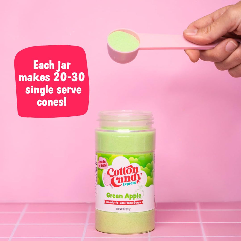 Cotton Candy Express bocaux transparents affichant couleurs et quantités pour choix rapide