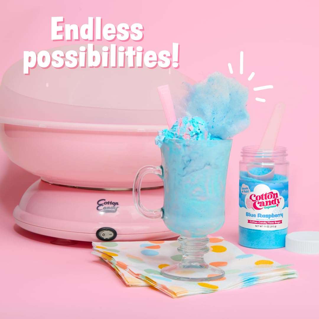 Cotton Candy Express mise en scène fête avec barbes à papa prêtes pour service convivial