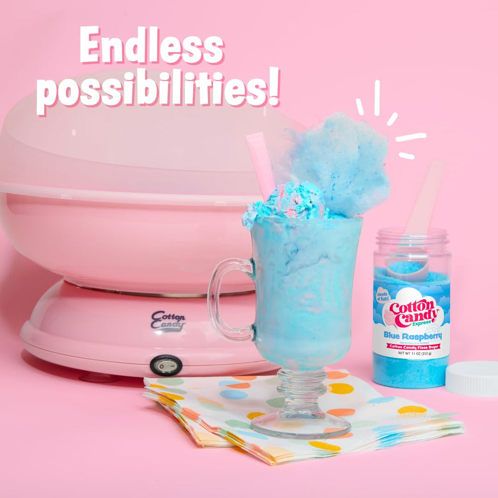 Cotton Candy Express mise en scène fête avec barbes à papa prêtes pour service convivial