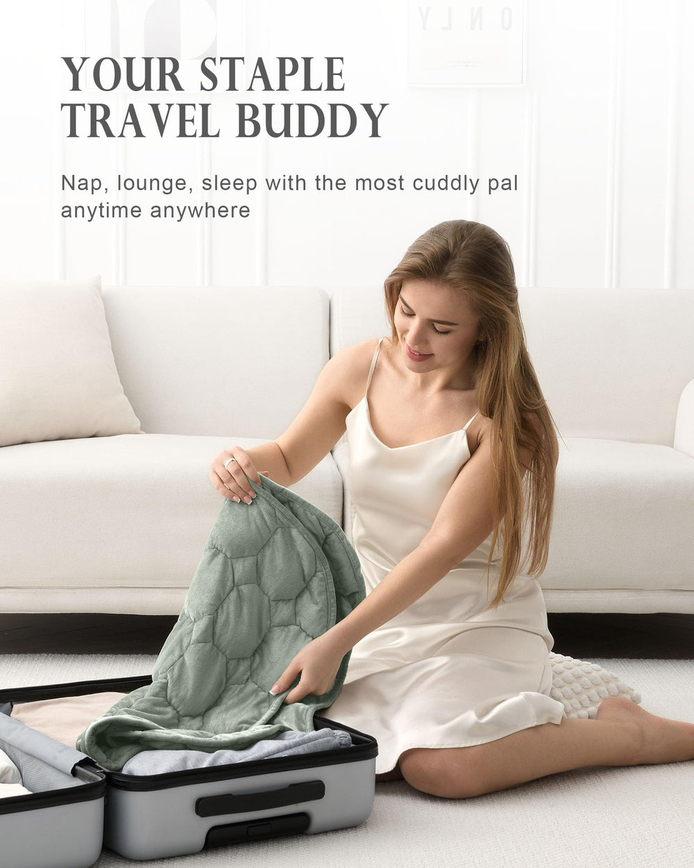 Cottonblue plaid plié dans valise démontrant portabilité pratique
